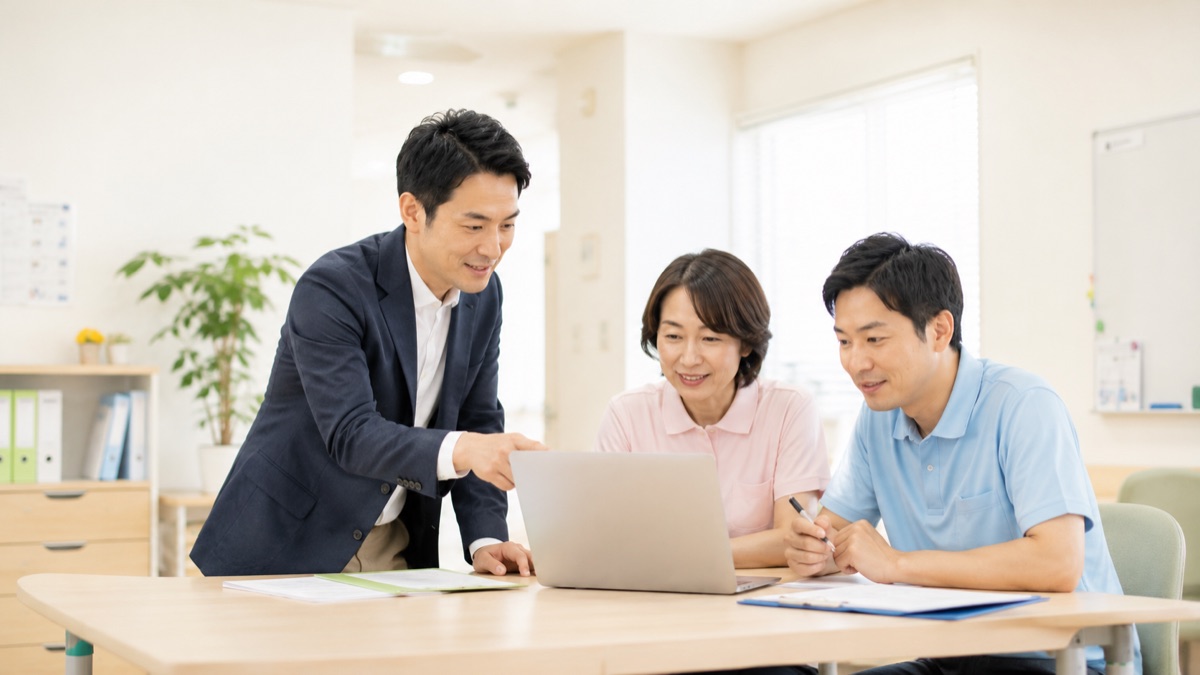 事業所のパソコンの前で職員にAIの使い方をレクチャーする様子(イメージ)